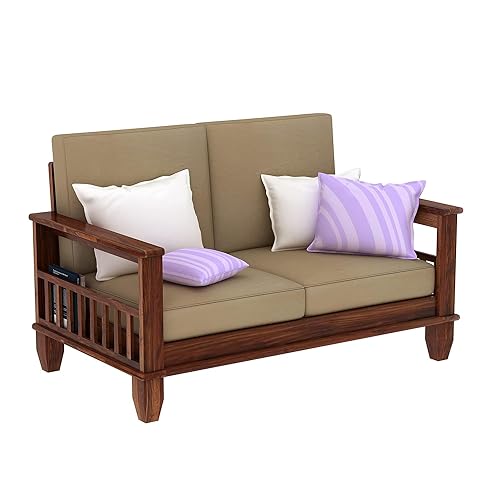Image of Solid Sheesham Wood 2 Seater Sofa with Pocket Storage | Multipurpose Wooden Two Seater Sofa Chair with Cushion for Living Room, Home & Office (Natural Finish) | 1 Year Warranty