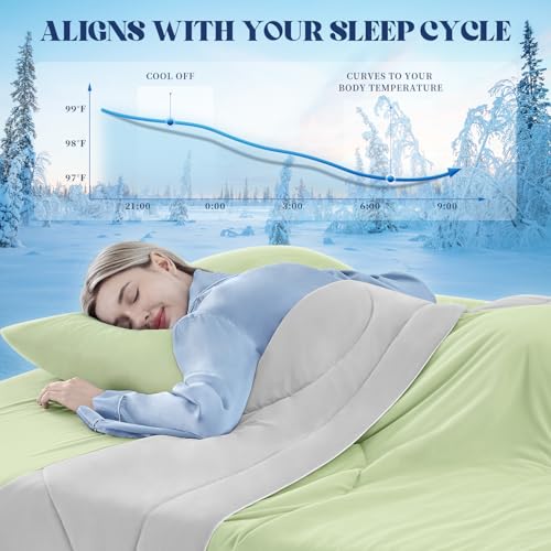 Image of Cooling Comforter Twin Size, Double-Sided Cooling Blanket for Hot Sleepers & Night Sweats, Arc-Chill Q-Max > 0.4 Breathable Ice Blanket, Lightweight Cold Comforter (68''x90'', Light Green)
