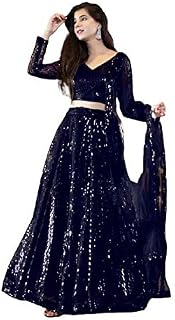 Tissue Net Embroidered Lahenga Choli Dupata -Navy blue, Free Size