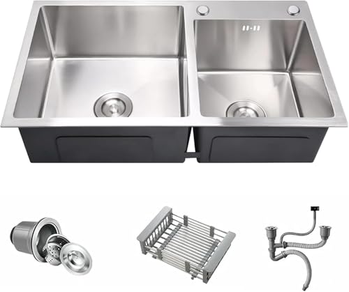 DuyviSteil 32" x 18" Drop-in/Topmount Double Bowl Kitchen Sink, Nano-Coated