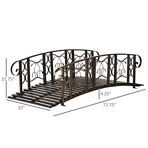 Outsunny 6\' Metal Arch Backyard Garden Bridge with 660 lbs. Weight Capacity, Safety Siderails, Vine Motifs, Easy Assembly for Backyard Creek, Stream, Pond, Brown - Thumbnail 7