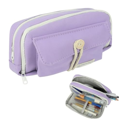 Image of Canvas School Bag Pencil Case, 3 Layer 6 Compartment Large Capacity, Aesthetic Pencil Pouch for Stationary, Cute Stationery for Kids, Pencil Case for Girls & Boys (Our Timer P)