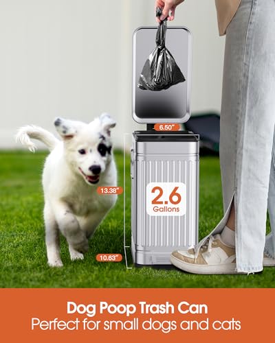 Image of Small Trash Can with Lid Soft Close-10L /2.6 Gal Stainless Steel Outdoor Dog Poop Garbage Can-Metal Waste Bins with Pedal for Bathroom Bedroom Office-Silver