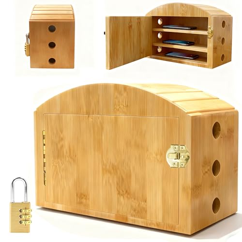 MuyuRise Phone Box for Family Time with Combination Lock, Premium Bamboo Wood Cell Phone Jail with 6 Charging Holes and Hold 6 Phones,Help Adults&Kids Focus Back and Reduce Distractions