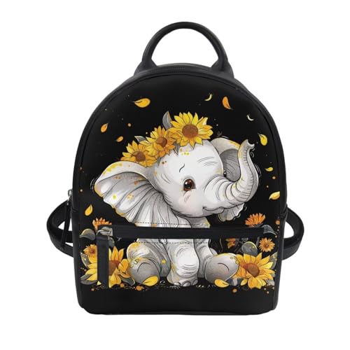 Showudesigns Sunflower Elephant Backpack for Women Mini Purse with and Adjustable Straps Leather Shoulder Bags Zipper Tote Bag Teen Girls Handbag Daypack Casual Back Pack for Travel