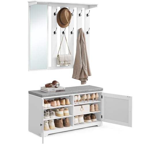 VASAGLE Schuhbank Wandgarderobe Set, Garderobe mit Spiegel, 10 Doppelhaken, Schuhschrank mit...
