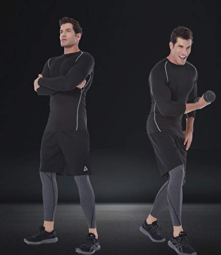 Silkworld Men's Long-Sleeve Compression Shirt Base-Layer Running Top, 3 Pack: Red, Blue, Black(Grey Stripe), L #TOP2