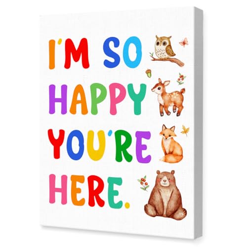 OTINGQD Classroom Welcome Decor,I'm so Happy You're Here Wall Art,Woodland Animal Nursery Wall Art,Positive Canvas Wall Decor for Classroom Daycare