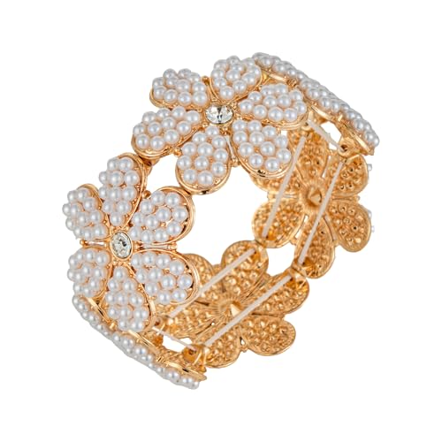 Gold Pearl Bangle Bracelets for Women Chunky Flower Stretch Bracelets Wrist Wrap Bracelet Jewelry