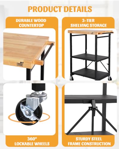 Image of Mythinglogic Foldable Kitchen Island Cart with Wood Top for Small Kitchens