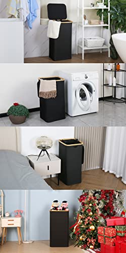 efluky Wäschekorb mit Deckel, 100 Liter hoher Wäschebox mit Bambus Henkel und Innentasche, faltbarer groß XXL Waschekorbsammler, Laundry Baskets für Schlafzimmer Badezimmer, schwarz