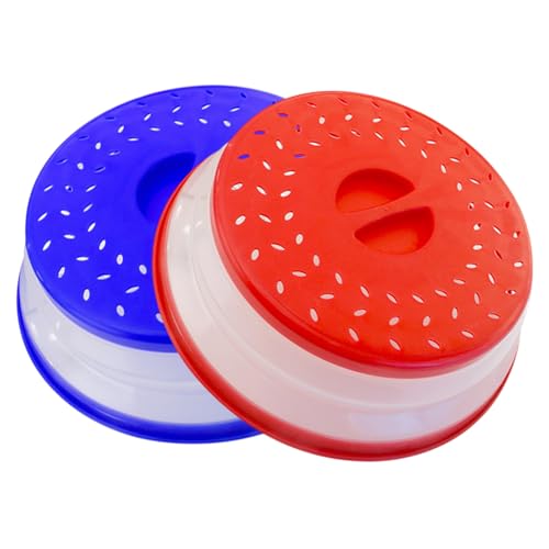 Hwtcjx 2 Pcs Microwave Cover, Plate Covers, Microwave Food Covers, Made of Plastic PP + TPR Material, Foldable, High Temperature Resistant, for Oil and Splash Proof, Drain, Fruit Tray (Red, Blue)