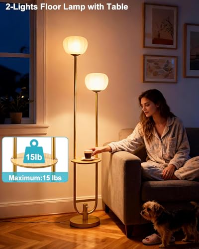 Image of Lightdot 63IN Gold Floor Lamp Dimmable Standing Lamps with Tray Pumpkin Bulbs Included Unique U-Pole Mid Century Modern Tall Lamp with 5Lbs Heavy Base for Living Room /Party /Sofa Beside /Corner Decor