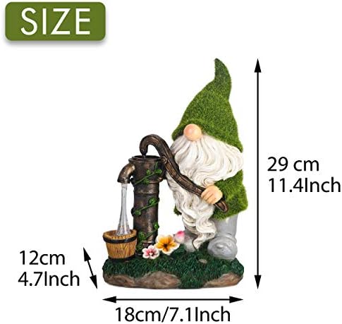 TERESA'S COLLECTIONS Flocked Garden Gnome Ornaments Outdoor with Solar Powered Light, Gnome Outdoor Statue Figurine with Water Pump, Waterproof Resin Garden Gifts for Patio Lawn Yard Decoration, 29cm