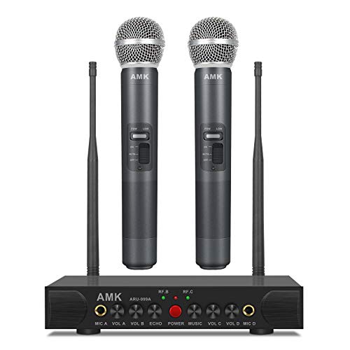Wireless Microphone System with Echo, AMK UHF Dual Wireless Mics Receiver with 1/4â€™â€™ Input Jacks for Two More Wired Mics, All Metal, Easy Setup, Echo Control, for Karaoke/Public Address (ARU-999A)