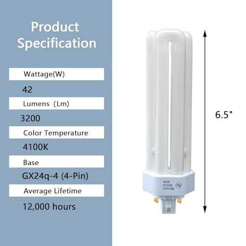 PLT-42W 841,4 Pin GX24Q-4, 42 Watt 4100K Triple Tube,Fluorescent Light Bulb,Replaces for Philips PLT-C42W/41/ALTO,Sylvania CF42DT/E/IN/841/ECO (2PACK) by Valoisa - Image 2
