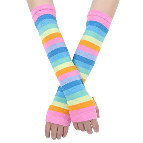 YiZYiF Women Girls Rainbow Striped Thigh High Stockings Socks Arm Warmer Fingerless Gloves for Halloween Cosplay Party2