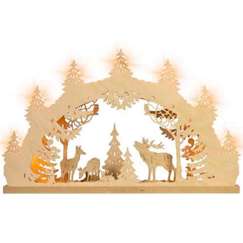 WEIGLA - Schwibbogen original Erzgebirge I Lichterbogen Weihnachten aus Holz I Motiv Hirschfamilie I 7 Lampenkerzen + 1 Ersatzlampe I 7x34V, 3W, E10 I beleuchtete Weihnachtsdeko innen