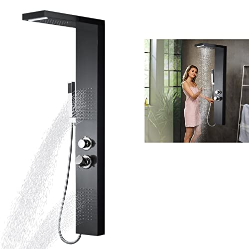 LZQ Panel de Lluvia Con Sistema de Ducha de Acero Inoxidable 304 - Barra Ajustable en Altura, 4 en 1 Con Termostato (Negro)