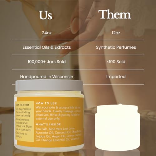 Bare Botanics Lemon Orange Body Scrub 24oz | Made in Madison, WI | All Natural Sea Salt Exfoliator w/ Skin Loving Moisturizers | Vegan & Cruelty Free | Gift Ready Packaging w/ a Cute Wooden Spoon - Thumbnail 6