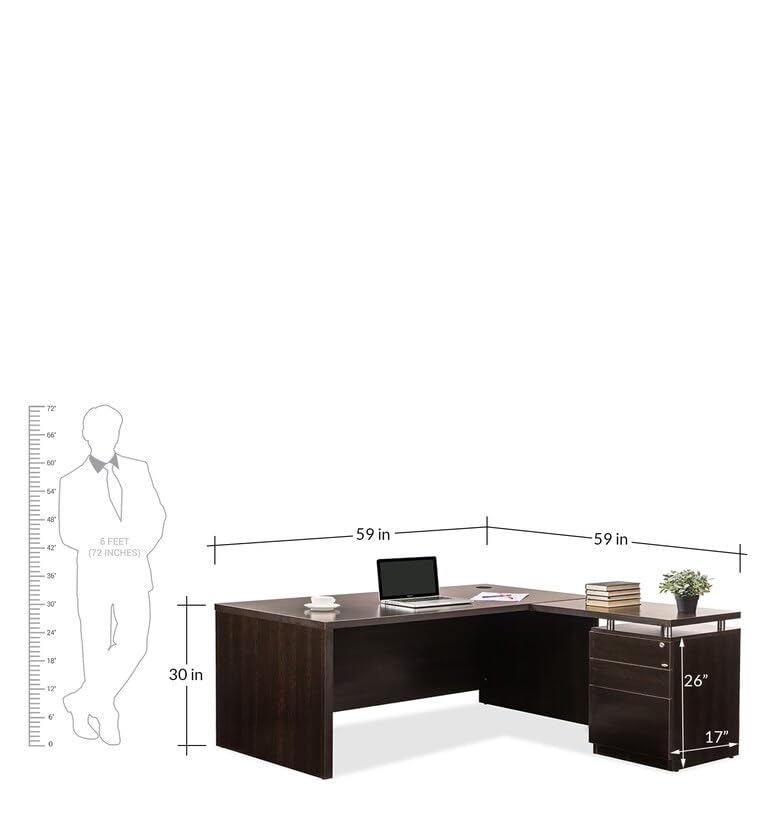 Image of Lakdi The Furniture Co Directo Table and Office Desk for L-Shape Made in Particle Board with Side Unite and Drawers Storage Wire Manager, Luxury Executive Desk Wenge Brown Color- (LDL-559)