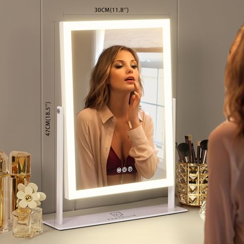 FENCHILIN Hollywood Spiegel 3 Farbiges Dimmbares Licht Schminkspiegel mit Beleuchtung Smart Touch Steuerung Spiegel mit Beleuchtung 360° Drehung 10x Vergrößerung Schminkspiegel 30 x 41 cm