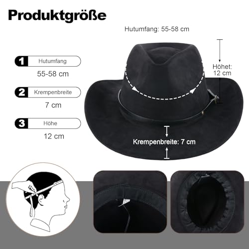 Western Cowboy Hut für Männer Frauen Klassische Western Filz Fedora Hüte mit breiter Krempe, perfekt für Cowboyhut Kostüm und Outdoor-Aktivitäten (Schwarz)