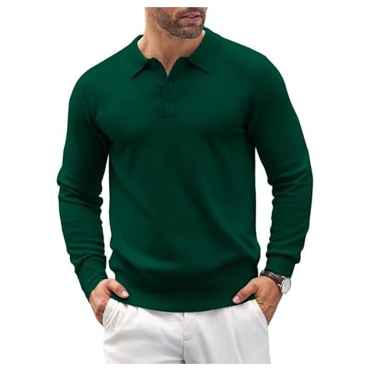 COOFANDY Mens Knit Polo Shirts Casual Long Sleeve Classic Polo Shirts Button Down Golf Shirts, Dark Green, XL