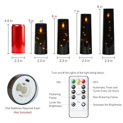 Image of Raycare Flameless Candle with Remote Timer - 5 Flickering Acrylic Battery Operated LED Pillar Candles with Embedded Star String for Halloween, Home Decor, and as a Gift(Black)