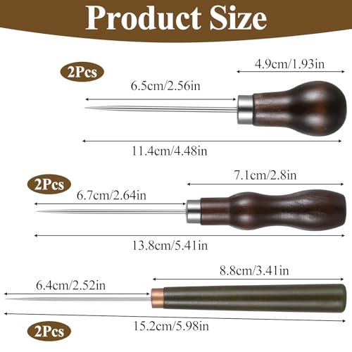 LXUEJIE 6 Pcs Awl Tool Set, Leather Scratch Awl Tools, Awls Tool Sewing with Gourd Shape Wooden Handle, Leather Punch Stitching Marking Awls Tools for Hide Sewing, Marking, Crafts Wood, Shoe Repair - Thumbnail 2