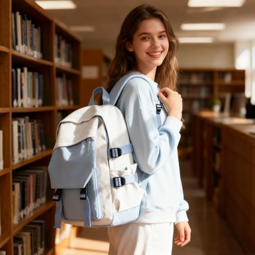 Image of coowoz School Bag Lightweight Casual Daypack College Laptop Backpack for Men Women Water Resistant Travel Rucksack for Sports High School Middle Bookbag for girls(Blue white)