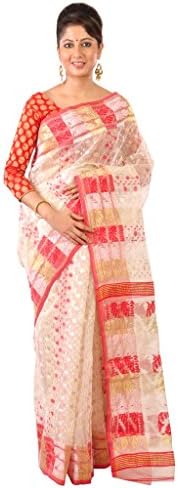 Ruprekha Fashion Women's Cotton Silk Handloom Dhakai Jamdani Saree White, Red,Golden