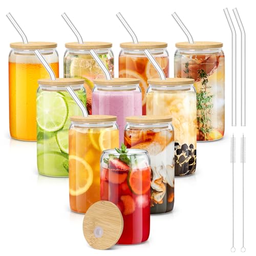 Sungwoo Glass Cups with Bamboo Lids & Straws, 16OZ Drinking Glass Set