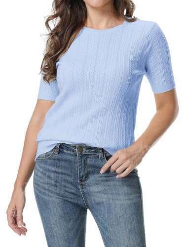 Image of SANGTREE Women's Cable Knit Half Sleeve Sweaters, Crew Neck Solid Color Knitted Summer Pullover Tops