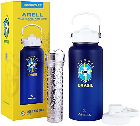 ARELL Wide Mouth Sports Water Bottle - Leakproof Vacuum Insulated for Hot & Cold Beverages - Double-Wall Metal Canteen with Sweatproof Straw Lid, Chug Cover, Fruit Infuser - 32oz CBF Blue Brazil