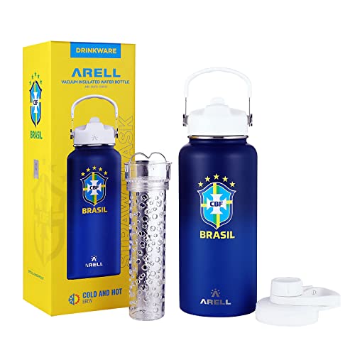 Arell Wide Mouth Sports Water Bottle - Leakproof Vacuum Insulated For Hot & Cold Beverages - Double-Wall Metal Canteen With Sweatproof Straw Lid, Chug Cover, Fruit Infuser - 32Oz Cbf Blue Brazil #TOP1
