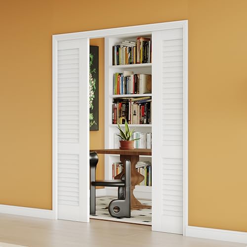 Image of 56 inch x 80 inch Sliding Pocket Door, Louvered Pantry Doors with Frame and Hardware Kit, Interior Door, White Primer Closet Doors - No Panel Assembly Required