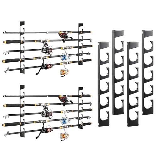 Roylvan Fishing Rod Pole Holders, Wall or Ceiling Mounted Metal Fish Rod Rack with Protective Layers, 2 Set Horizontal Fishing Pole Storage Organizer Holds Up to 10 Rods, Fishing Gifts for Men, Black