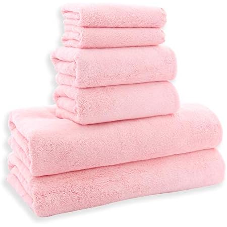 MOONQUEEN Ultra Soft Towel Set - Quick Drying - 2 Bath Towels 2 Hand Towels 2 Washcloths - Microfiber Coral Velvet Highly Absorbent Towel for Bath Fitness, Bathroom, Sports, Yoga, Travel (Pink, 6 Pcs)