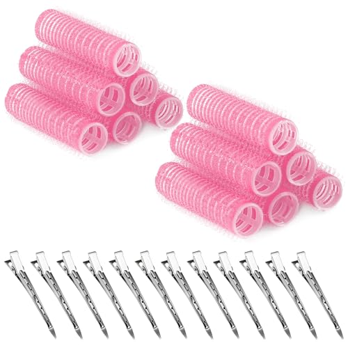 Pink Small Hair Rollers Self Grip Curlers with 12 Metal Clips Gripping Sticky Rollers for Women Long Medium Short Hair Styling DIY Hair Salon (15mm,12pcs)