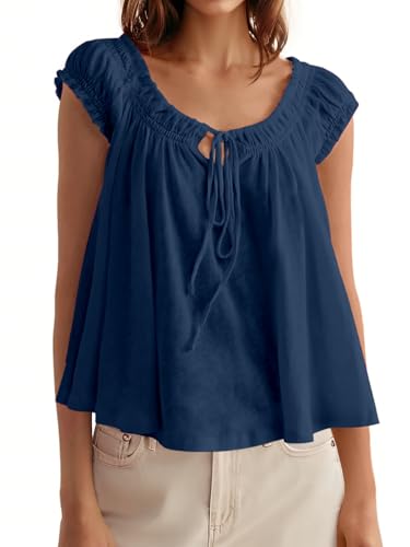 Image of Tankaneo Women Summer Tie Front Tank Tops Cap Sleeve Pleated Babydoll Tops Casual Loose Fit Going Out Flowy Shirt