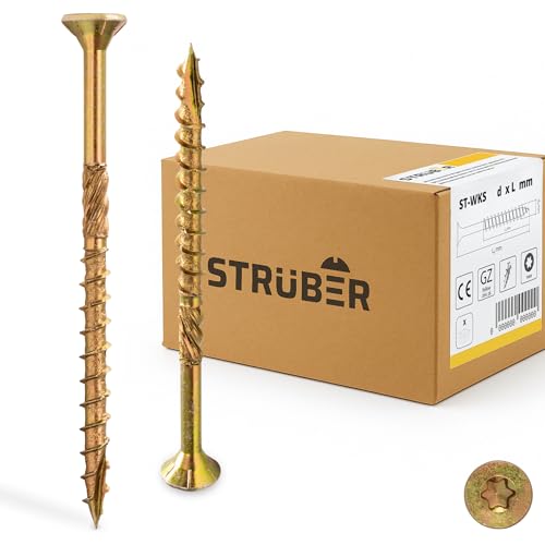 STRÜBER Holzschrauben mit Torx-Antrieb (5,0 x 90 mm / 200 Stück) Holzbauschrauben mit TX-Buchse - Spanplattenschrauben Gelb verzinkt - Senkkopfschrauben für Dachkonstruktionen - Universalschrauben