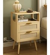 Veegle Rattan Nightstand with Charging Station,Modern Bedside Table with 2 Storage Drawer and Ope...