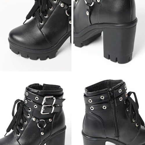 Image of MEOTINA Goth Women Platform High Heel Boots Buckle Combat Ankle Booties | Features edgy gothic steampunk rave emo sexy cosplay styling, designed with thick heel, buckle, studded ,lace up and zipper