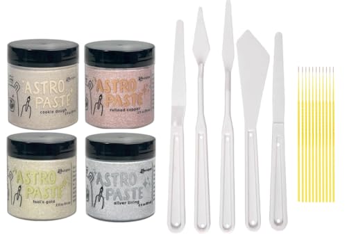 Simon Hurley Astro Paste Bundle - 4 Metallics Cookie Dough, Fool's Gold, Silving Lining, Refined Copper February 2025 Release with Palette Knives and Trebbies Detail Sticks
