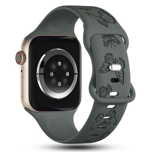 Image of Butterfly Engraved Bands Compatible with Apple Watch Band 41mm 40mm 38mm 49mm 46mm 49mm 46mm 45mm 44mm 42mm Women, Silicone Sport Strap for iWatch Series SE 10 9 8 7 6 5 4 3 2 1 SE Ultra