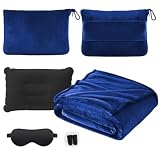 Reisedecke Kissen Decke 3 in 1, Reisedecke Ultraleicht Warm Decke Auto 152 x 127 cm, Verwandlungskissen Flugzeug Kissen mit Hülle, Gepäckhülle, Augenmaske, Ohrstöpseln (Set-Marineblau)
