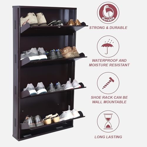 Image of Metal Shoe Rack Wall Mounted for Home with Central Locking | 4 Door 28 inch Wall Mounted Metal 12 Pair Shoe Rack Cabinet | Pre-Assembled Rack Shelves | 3 Year Warranty (Brown)