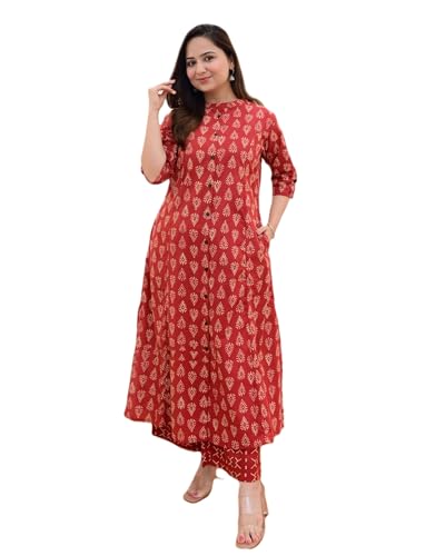 Image of Arayna Women's Cotton Floral Block Printed Co-ord Set - Straight Kurta Palazzo Pants