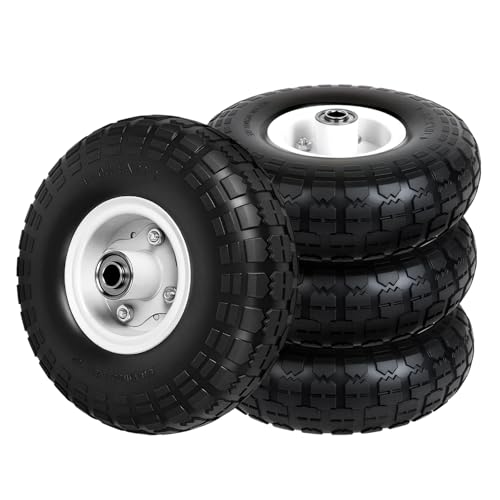 4.10/3.50-4 Tire and Wheel Flat Free 10 Solid Tire 220LB Capacity Each with 5/8 Bearings and 2.1 Offset Hub for G orilla Cart Garden Cart Trailer Dolly Hand Truck Wagon 4 Pack Silver